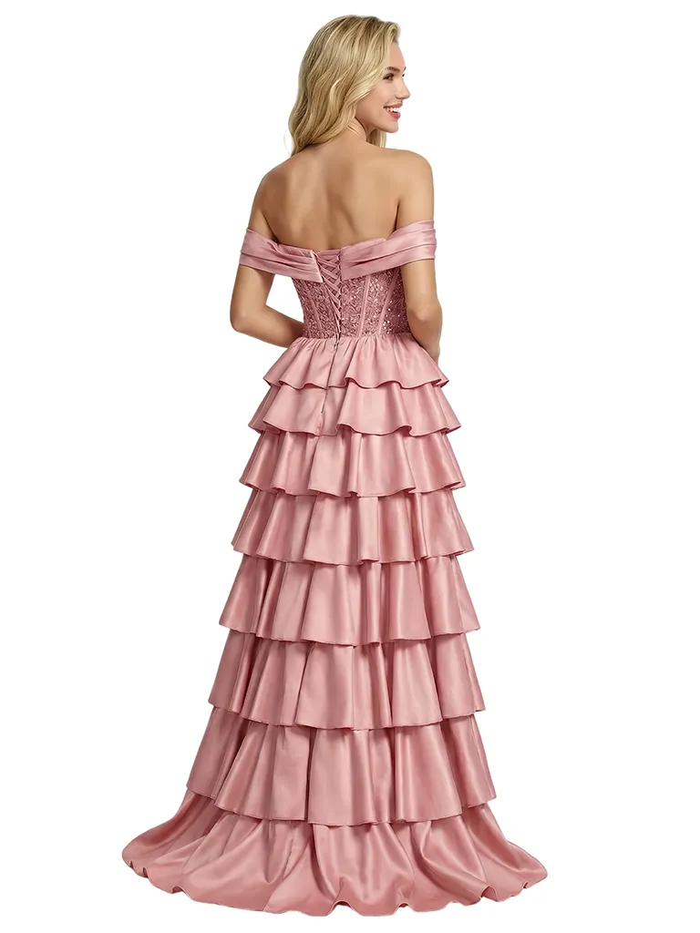 ChicSew Fancy Off Shoulder Lace Corset Bodice Tiered Ruffle High Slit A-Line Silhouette Floor Length Formal Evening Gown sold by ChicSew product image thumbnail 3