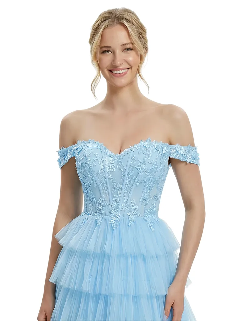 ChicSew Pretty Off The Shoulder Lace Corset Tiered Ruffle A-Line Long Formal Evening Gown sold by ChicSew product image thumbnail 2