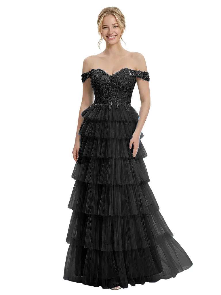 ChicSew Pretty Off The Shoulder Lace Corset Tiered Ruffle A-Line Long Formal Evening Gown sold by ChicSew product image thumbnail 4