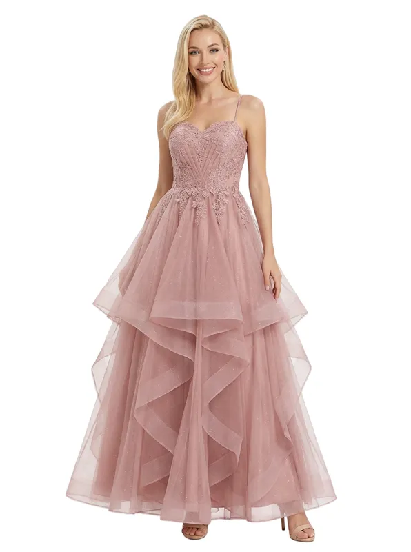 ChicSew Elegant Tiered Tulle A-Line Spaghetti Straps Lace Applique Ball Gown Formal Dress sold by ChicSew