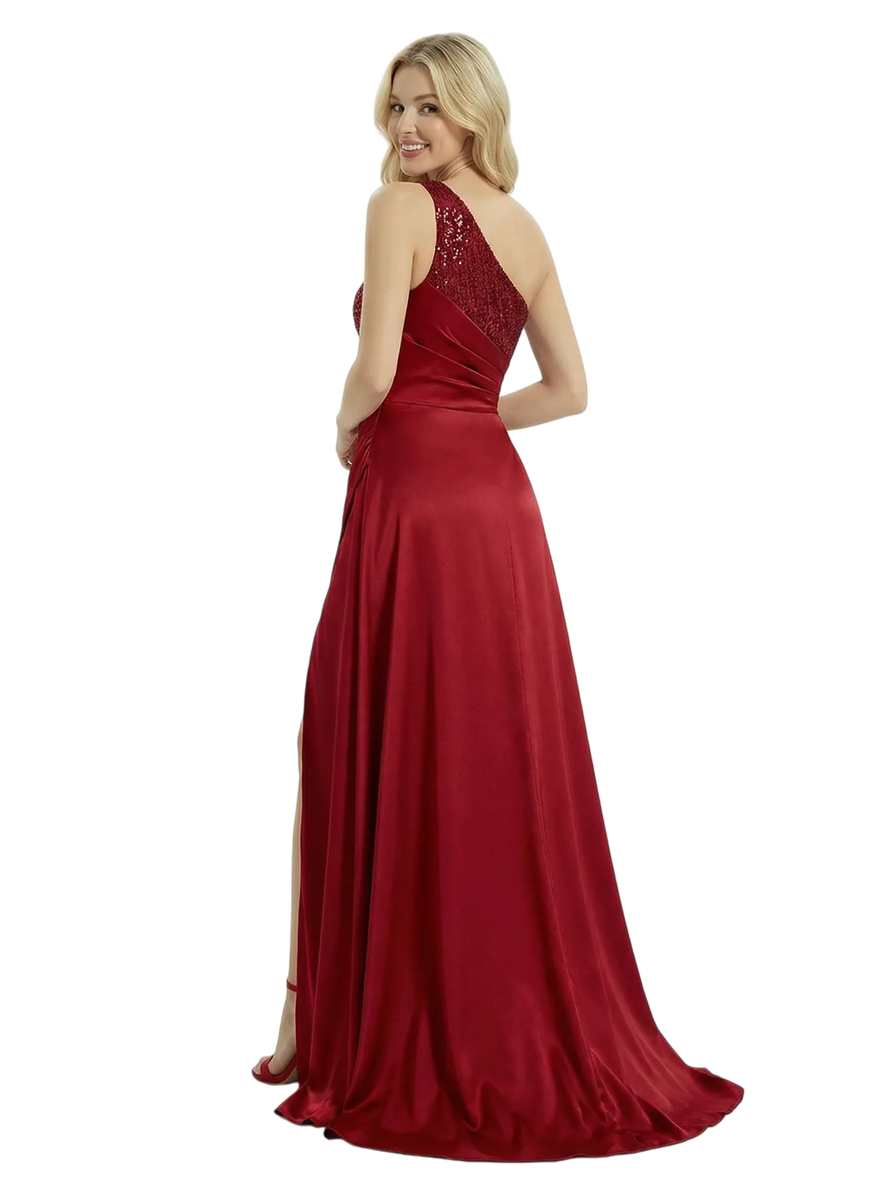 ChicSew One Shoulder Ruched Mermaid Satin Maxi Long Evening Gown Slit With Side Overlay sold by ChicSew product image thumbnail 3