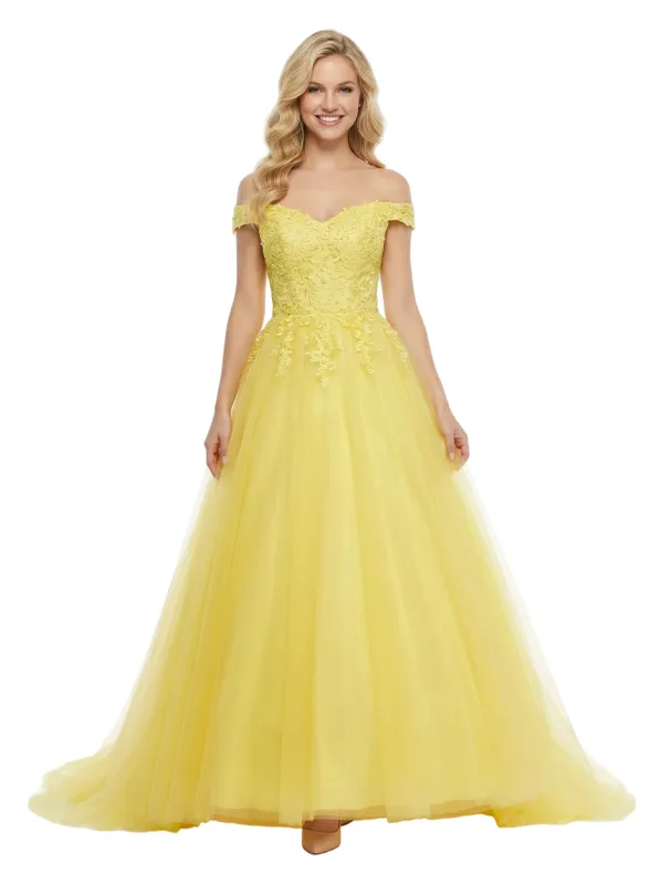 ChicSew Beautiful Off Shoulder V-Neck Tulle A-Line Maxi Long Evening Prom Dresses sold by ChicSew