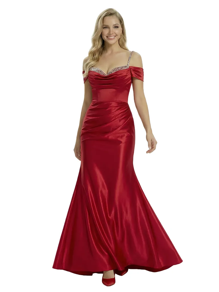 ChicSew Elegant Cold Shoulder Satin Floor Length Mermaid Formal Prom Dress sold by ChicSew