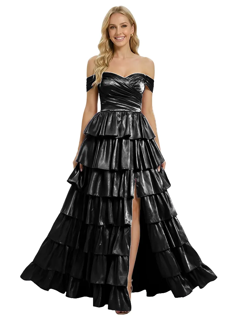 ChicSew Unique Off Shoulder Ruffles Side Slit Satin Floor Length A-Line Formal Evening Dress sold by ChicSew product image thumbnail 4