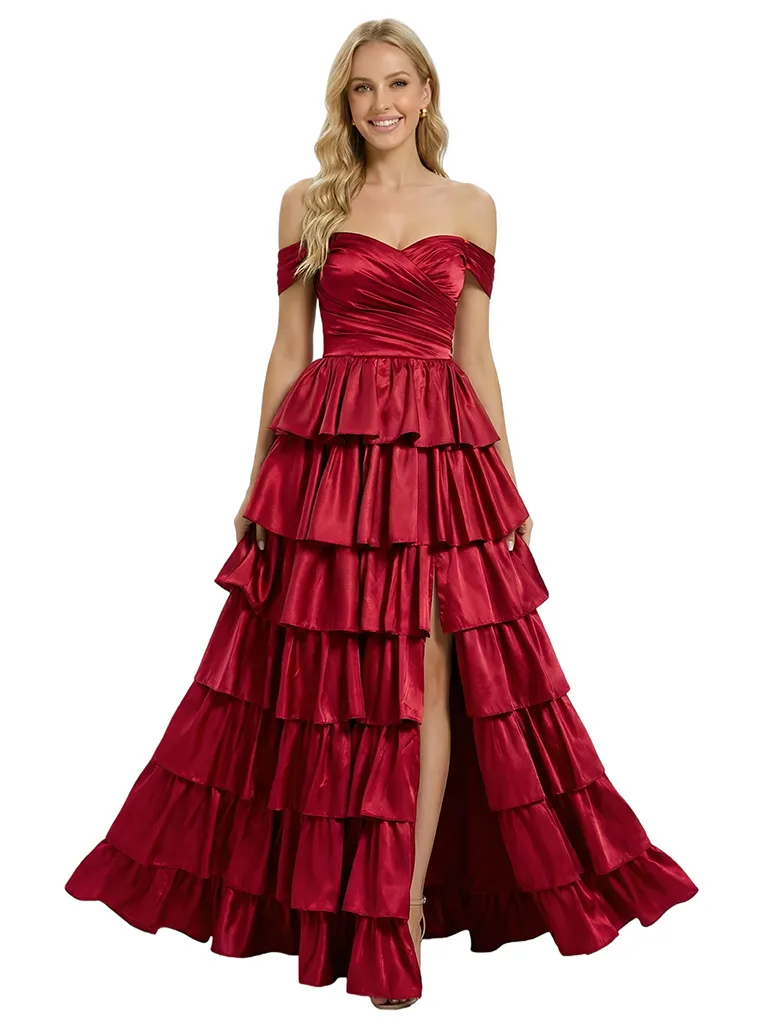 ChicSew Unique Off Shoulder Ruffles Side Slit Satin Floor Length A-Line Formal Evening Dress sold by ChicSew