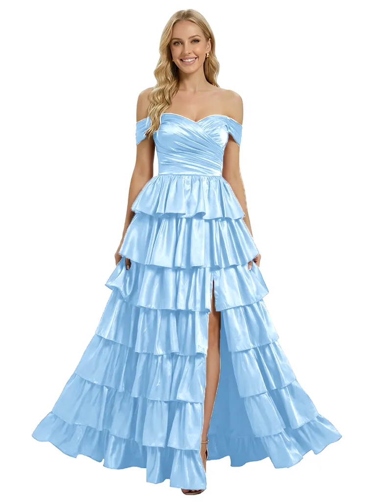 ChicSew Unique Off Shoulder Ruffles Side Slit Satin Floor Length A-Line Formal Evening Dress sold by ChicSew product image thumbnail 5