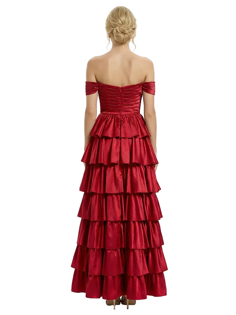 ChicSew Unique Off Shoulder Ruffles Side Slit Satin Floor Length A-Line Formal Evening Dress sold by ChicSew product image thumbnail 3