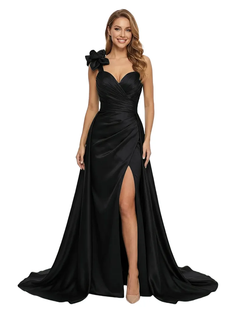 ChicSew Classy One Shoulder Prom Dress Ruched Satin Slit Mermaid Formal Evening Dresses With Overlay sold by ChicSew product image thumbnail 4