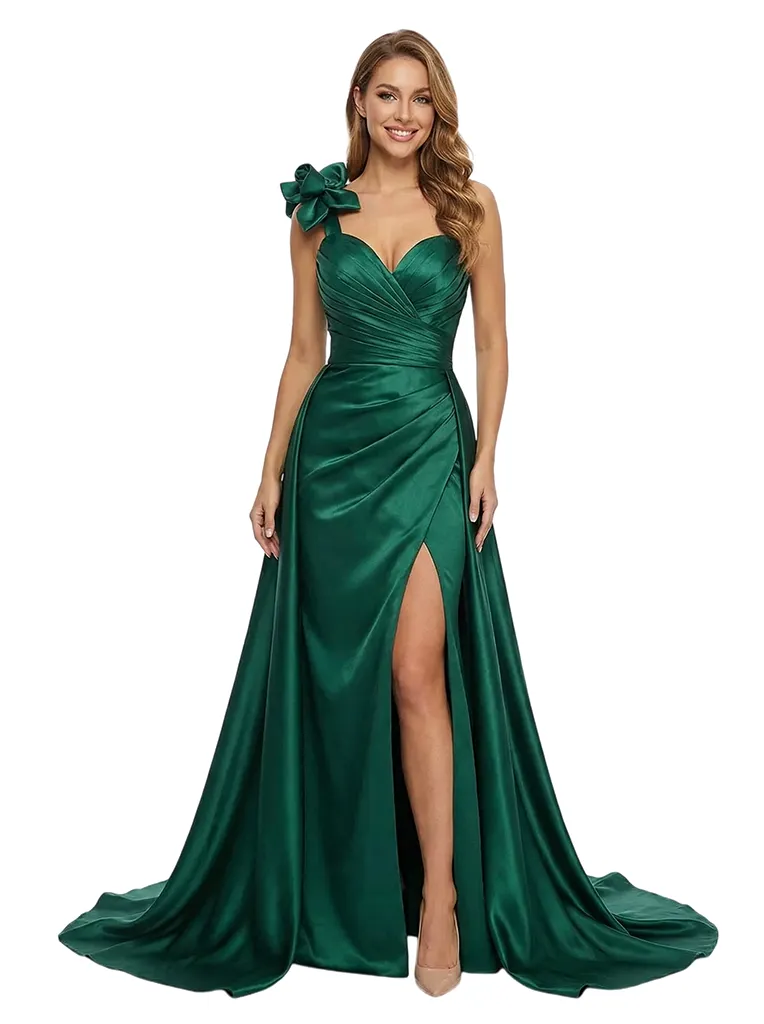 ChicSew Classy One Shoulder Prom Dress Ruched Satin Slit Mermaid Formal Evening Dresses With Overlay sold by ChicSew