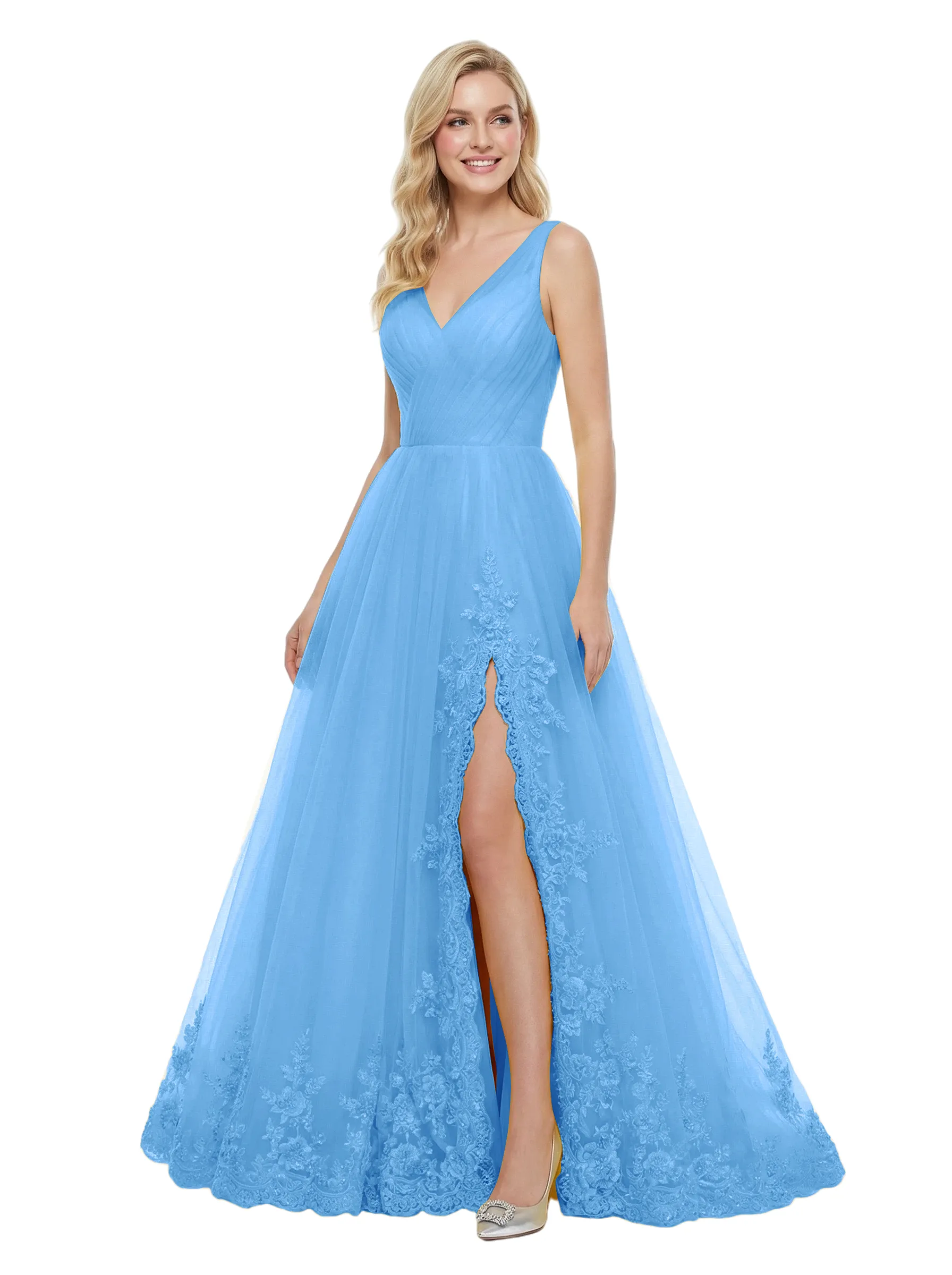 ChicSew Beautiful Spaghetti Straps V-Neck Tulle A-Line Maxi Long Evening Prom Dresses sold by ChicSew product image thumbnail 5