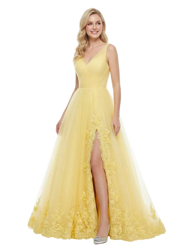 ChicSew Beautiful Spaghetti Straps V-Neck Tulle A-Line Maxi Long Evening Prom Dresses sold by ChicSew