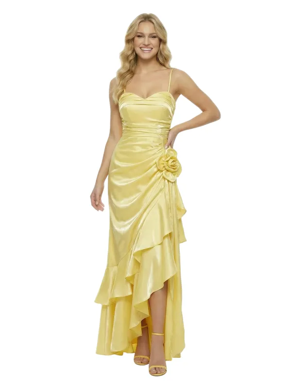 ChicSew Pretty Spaghetti Straps Ruched Ruffles Mermaid Satin Maxi Long Evening Gown sold by ChicSew