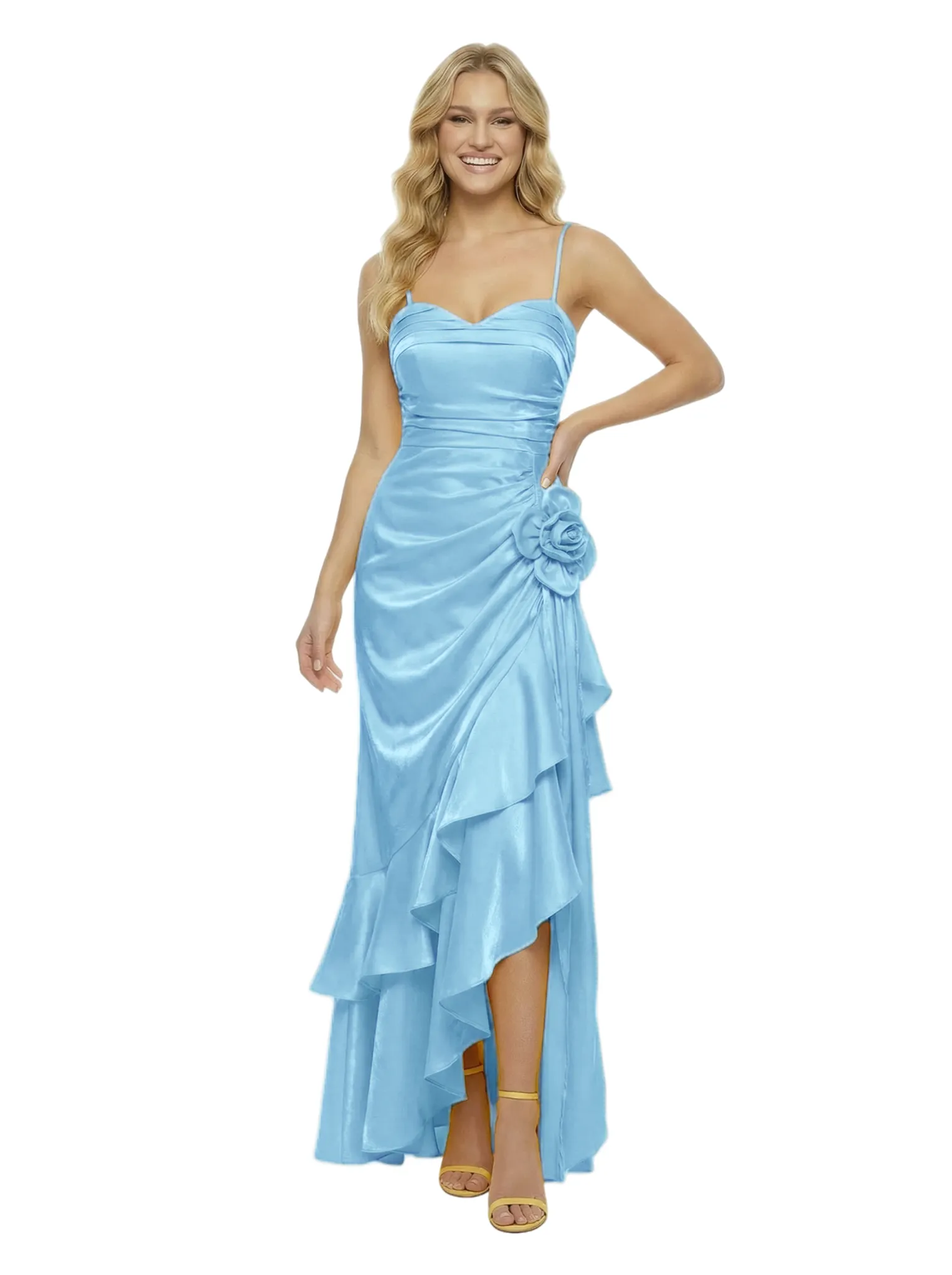 ChicSew Pretty Spaghetti Straps Ruched Ruffles Mermaid Satin Maxi Long Evening Gown sold by ChicSew product image thumbnail 5