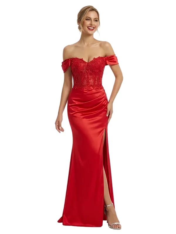 ChicSew Unique Off Shoulder Sleeveless Side Slit Satin Floor Length Mermaid Formal Evening Dress sold by ChicSew