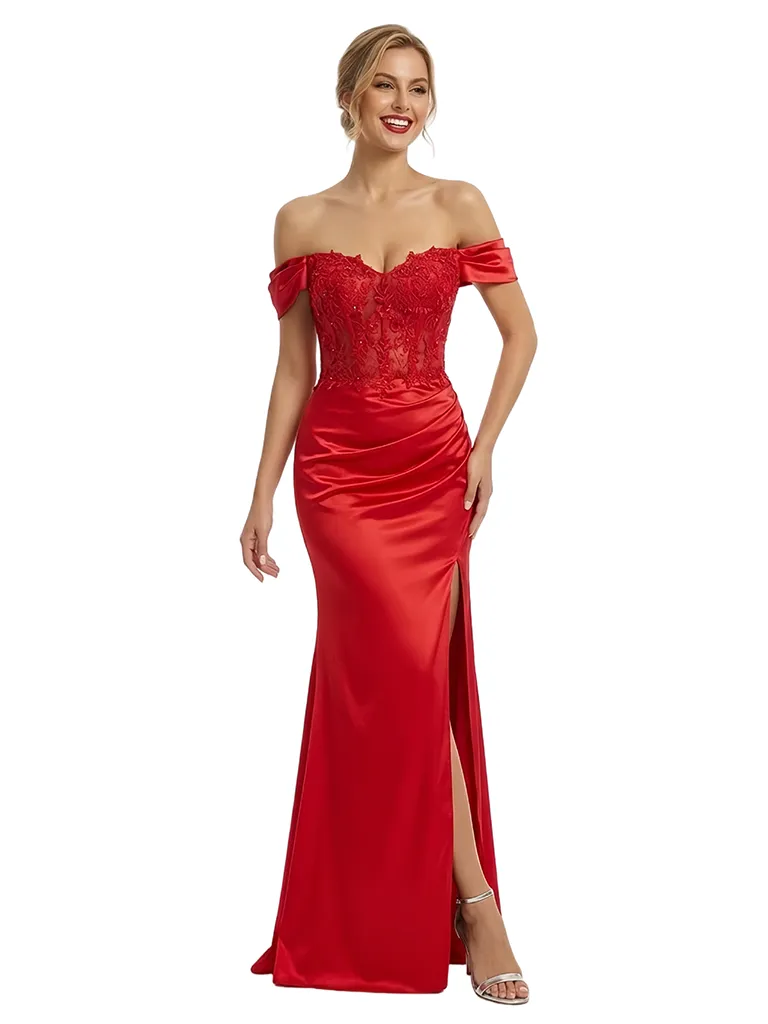 ChicSew Unique Off Shoulder Sleeveless Side Slit Satin Floor Length Mermaid Formal Evening Dress sold by ChicSew