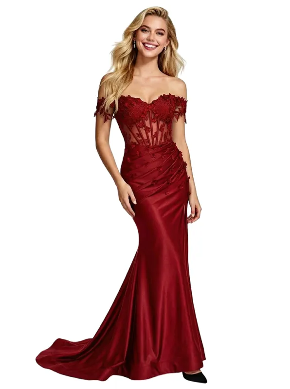 ChicSew Unique Off Shoulder Sleeveless Satin Floor Length Mermaid Formal Evening Dress sold by ChicSew
