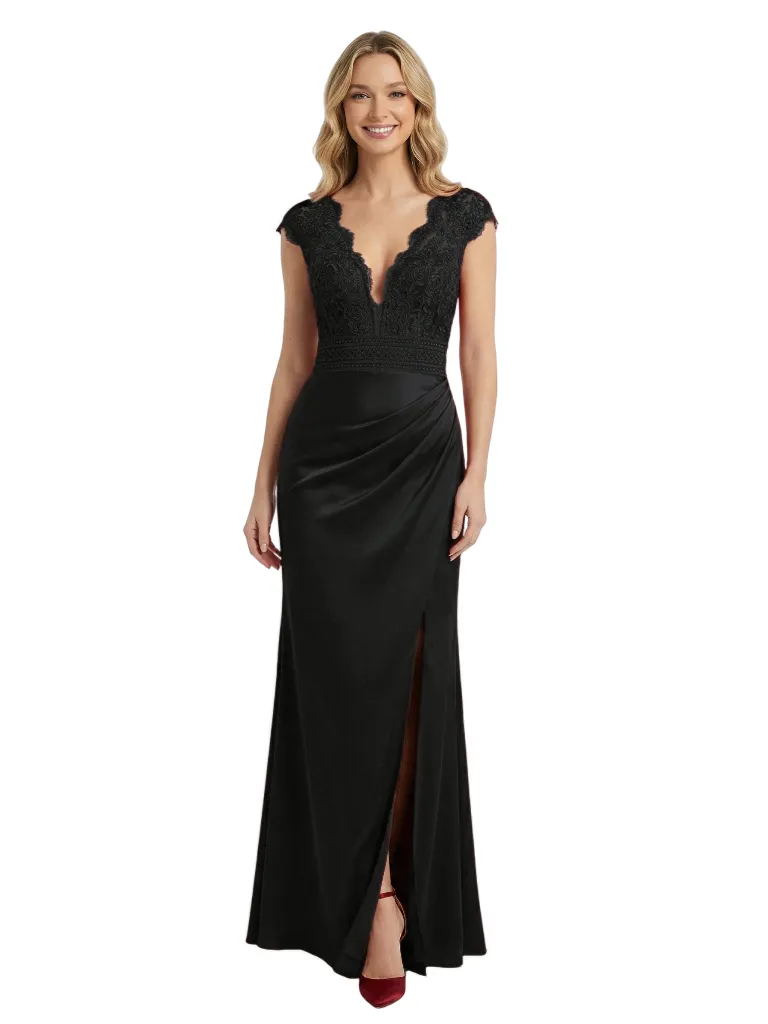 ChicSew Sexy V-neck Cap Sleeves Satin Lace Appliques Floor Length Mermaid Formal Prom Dress sold by ChicSew product image thumbnail 4