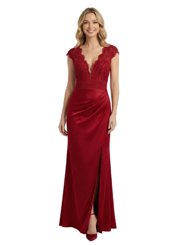 ChicSew Sexy V-neck Cap Sleeves Satin Lace Appliques Floor Length Mermaid Formal Prom Dress sold by ChicSew