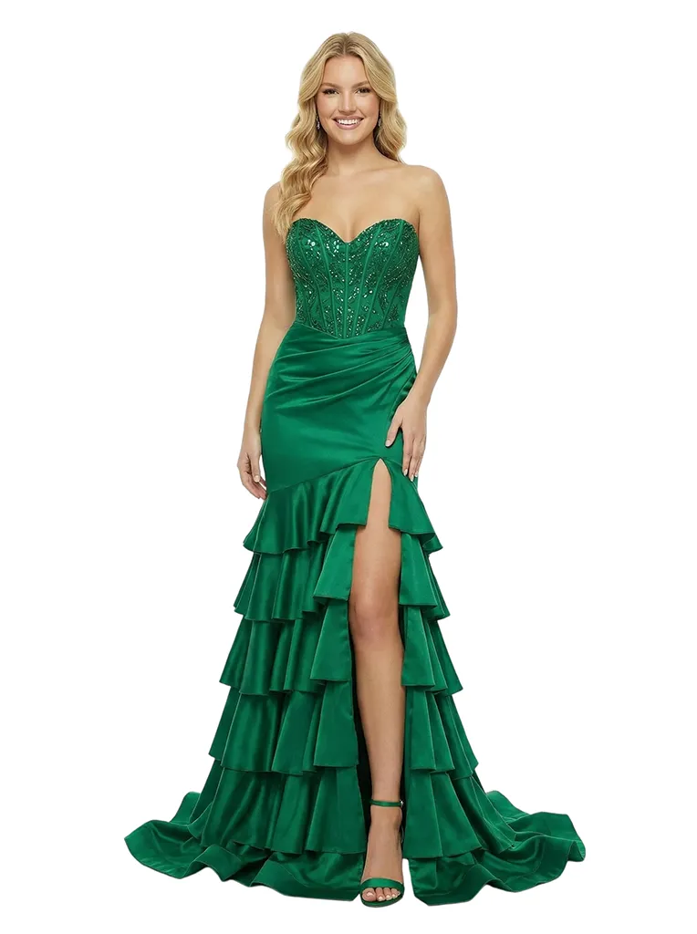 ChicSew Classy Strapless Sweetheart Prom Dress Beaded Corset Bodice Tiered Ruffle Slit Mermaid Silhouette Floor Length Formal Evening Wear sold by ChicSew
