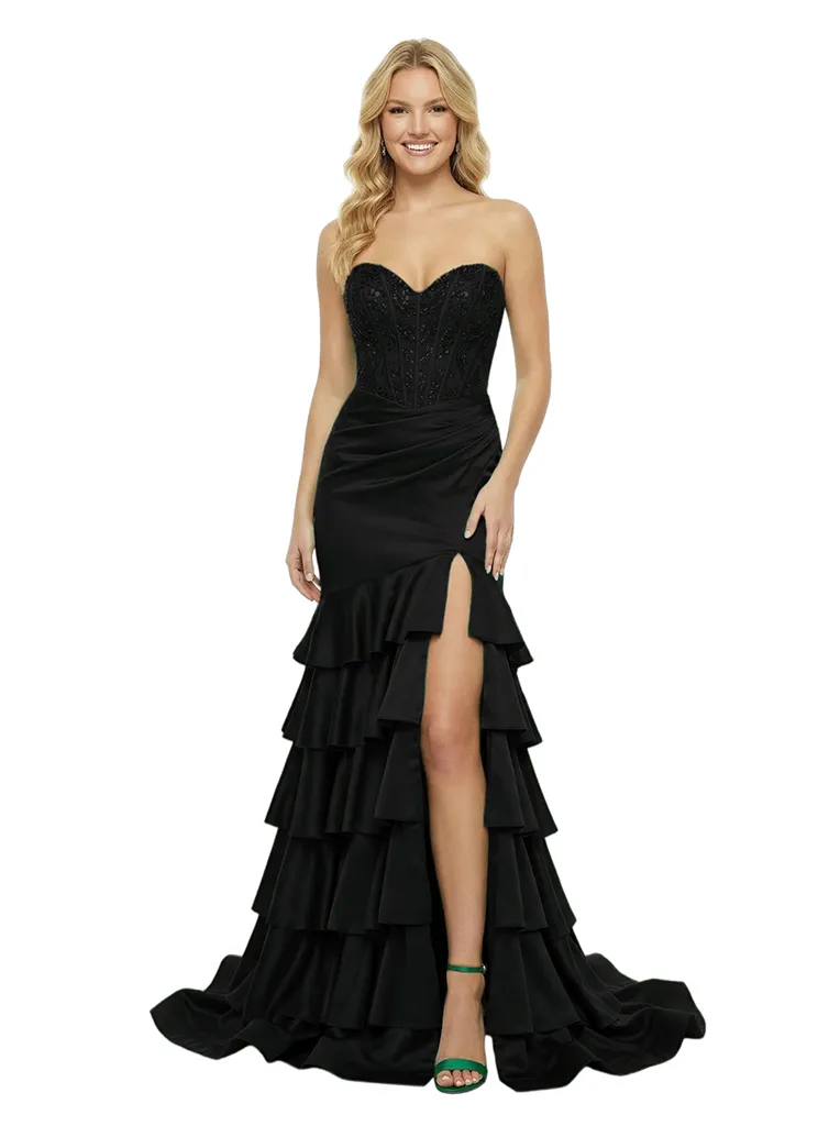 ChicSew Classy Strapless Sweetheart Prom Dress Beaded Corset Bodice Tiered Ruffle Slit Mermaid Silhouette Floor Length Formal Evening Wear sold by ChicSew product image thumbnail 4