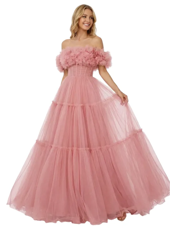 ChicSew Beautiful Strapless Corset Tulle A-Line Maxi Long Evening Prom Dresses sold by ChicSew