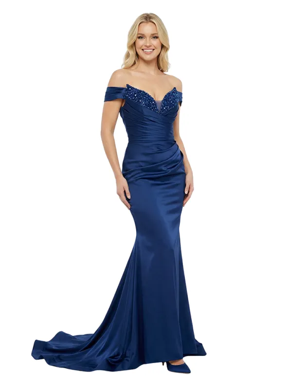 ChicSew Pretty Off The Shoulder V-Neck Beaded Ruched Mermaid Satin Maxi Long Evening Gown sold by ChicSew