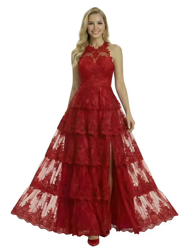 ChicSew Cute Tiered Lace Ruffles Side Slit A-Line Maxi Long Prom Dress Online sold by ChicSew