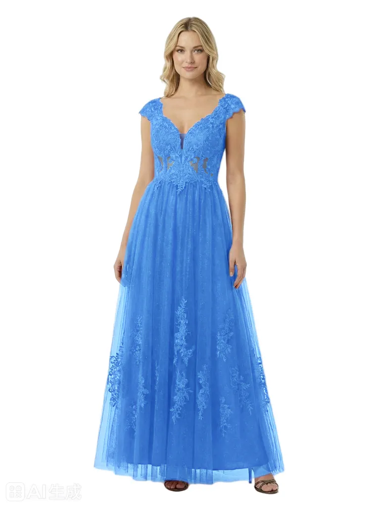 ChicSew Elegant Lace Cap Sleeves V-Neck Ruched A-Line Floor Length Prom Dress sold by ChicSew product image thumbnail 5