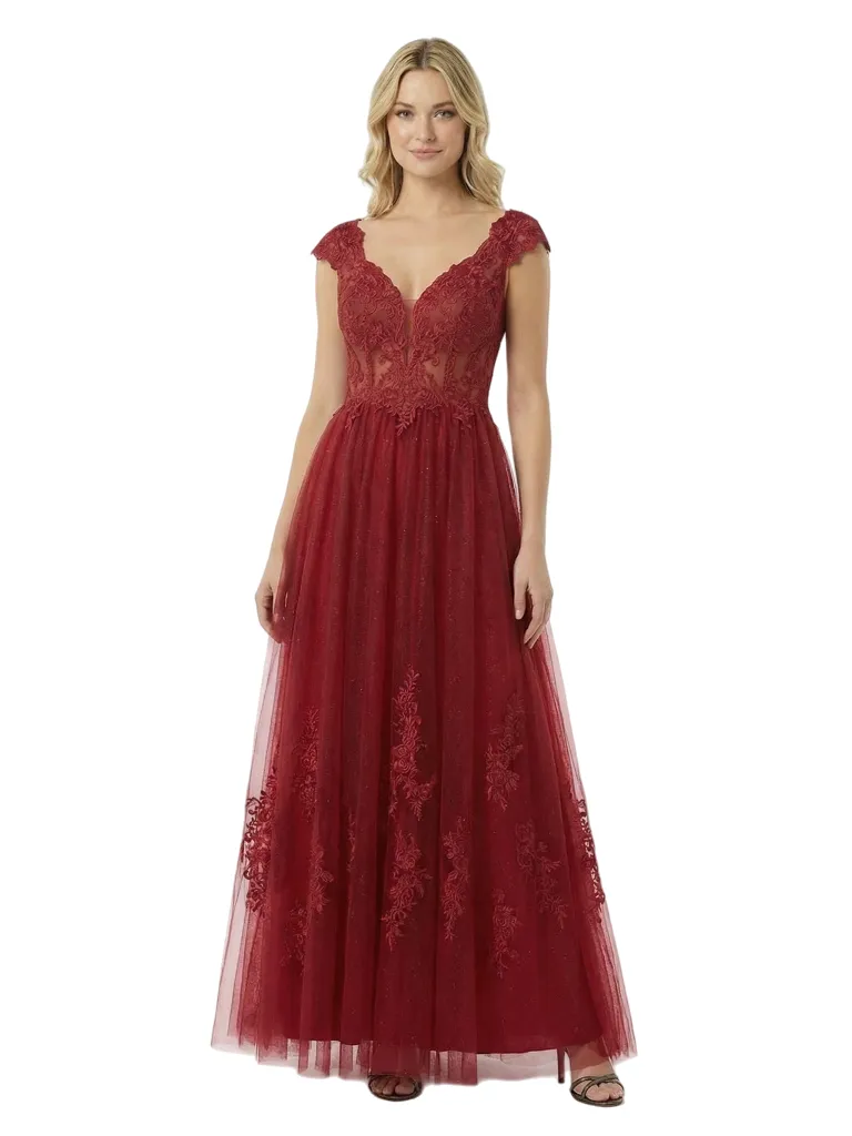 ChicSew Elegant Lace Cap Sleeves V-Neck Ruched A-Line Floor Length Prom Dress sold by ChicSew