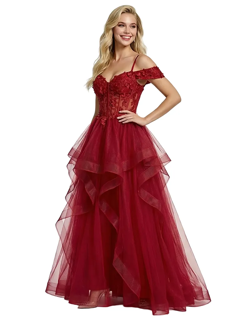 ChicSew Beautiful Lace Corset Cold Shoulder Ruched A-Line Long Prom Dress sold by ChicSew