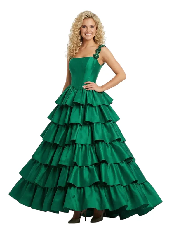 ChicSew Unique Square Satin Tiered Ruffled Ball Gown A line Floor Length Formal Evening Dresses sold by ChicSew