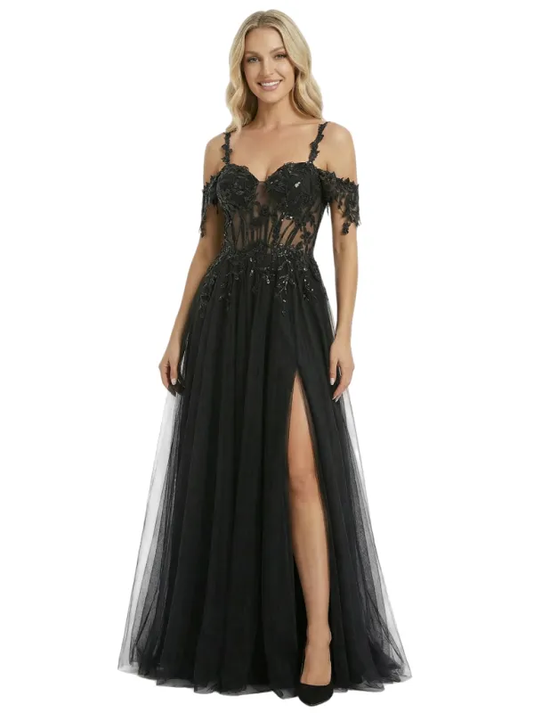 ChicSew Beautiful Lace Appliques Cold Shoulder Corset Side Slit A-Line Maxi Prom Dress sold by ChicSew