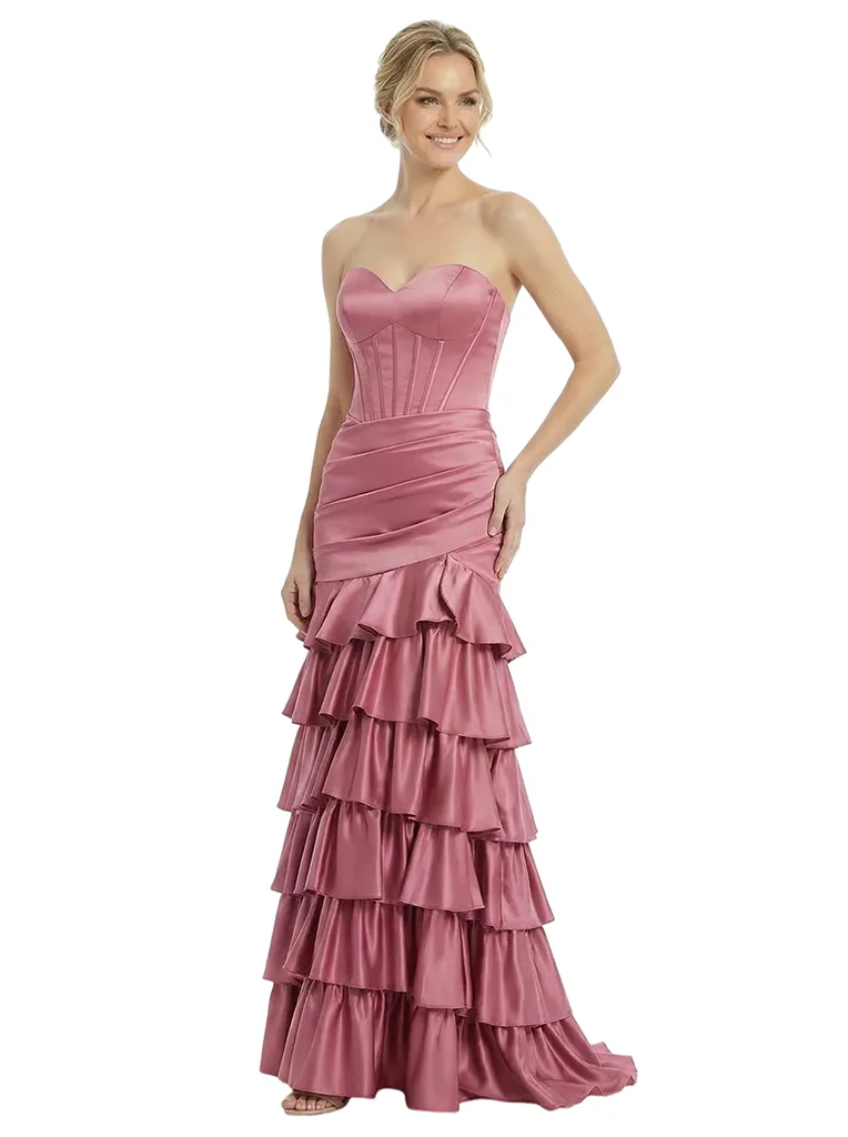 ChicSew Sexy Strapless Sweetheart Prom Dress Satin Tiered Ruffled Mermaid Corset Maxi Formal Evening Wear sold by ChicSew