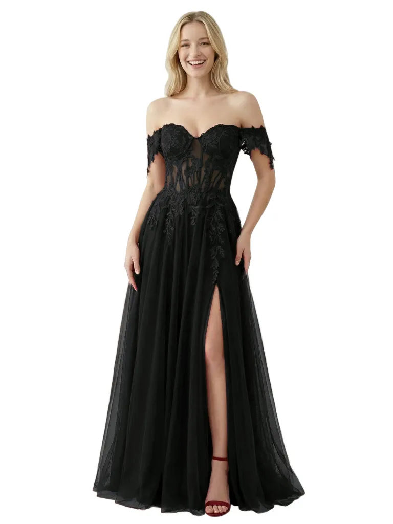 ChicSew Sexy Off Shoulder Sleeveless Side Slit Lace Corset A-Line Floor Length Prom Dress sold by ChicSew product image thumbnail 4