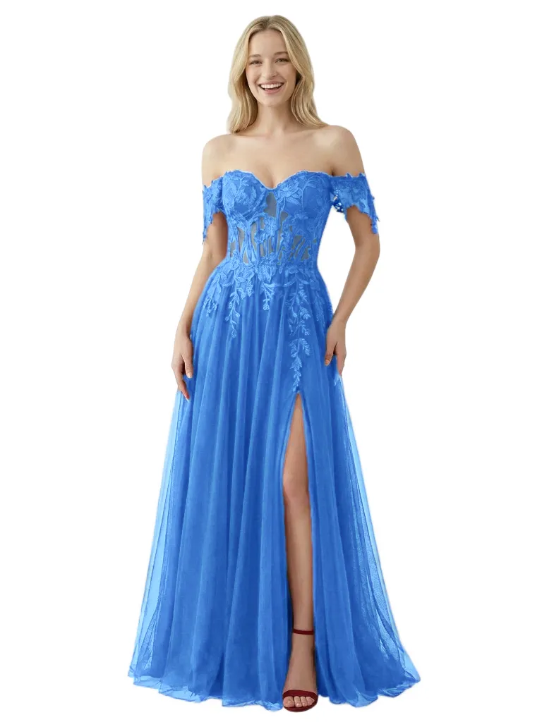 ChicSew Sexy Off Shoulder Sleeveless Side Slit Lace Corset A-Line Floor Length Prom Dress sold by ChicSew product image thumbnail 5