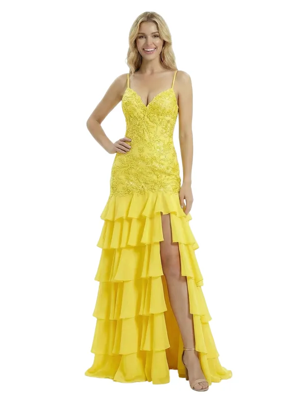 ChicSew Classy Lace Spaghetti Straps Ruffle Chiffon Mermaid Elegant Formal Prom Dress sold by ChicSew