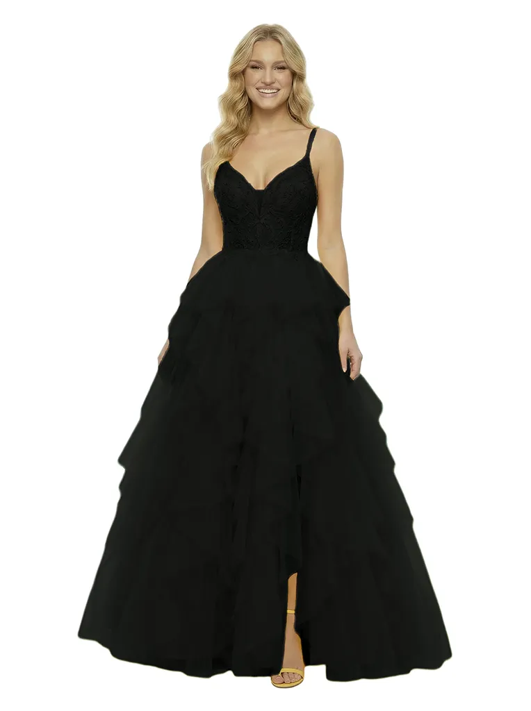 ChicSew Pretty Spaghetti Strap V-Neck Prom Dress Lace Applique Tiered Tulle Ball Gown Silhouette Floor Length Formal Evening Gown sold by ChicSew product image thumbnail 4