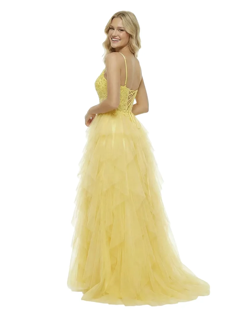 ChicSew Pretty Spaghetti Strap V-Neck Prom Dress Lace Applique Tiered Tulle Ball Gown Silhouette Floor Length Formal Evening Gown sold by ChicSew product image thumbnail 3