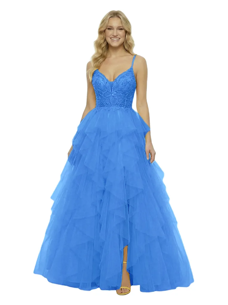 ChicSew Pretty Spaghetti Strap V-Neck Prom Dress Lace Applique Tiered Tulle Ball Gown Silhouette Floor Length Formal Evening Gown sold by ChicSew product image thumbnail 5