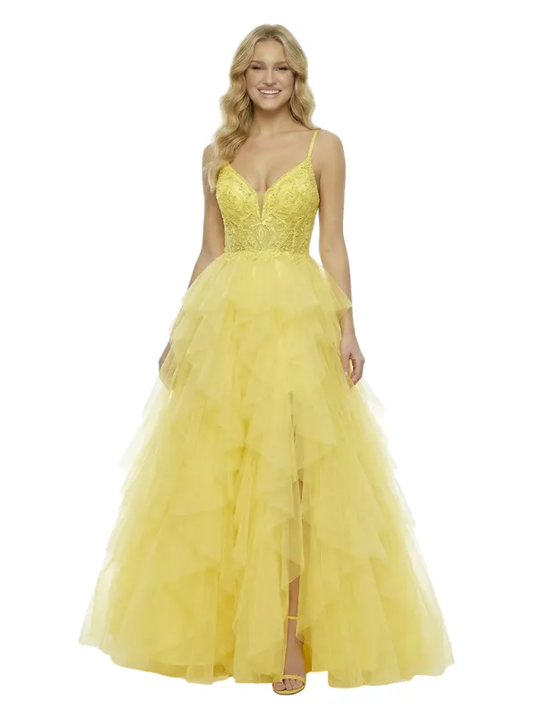 ChicSew Pretty Spaghetti Strap V-Neck Prom Dress Lace Applique Tiered Tulle Ball Gown Silhouette Floor Length Formal Evening Gown sold by ChicSew