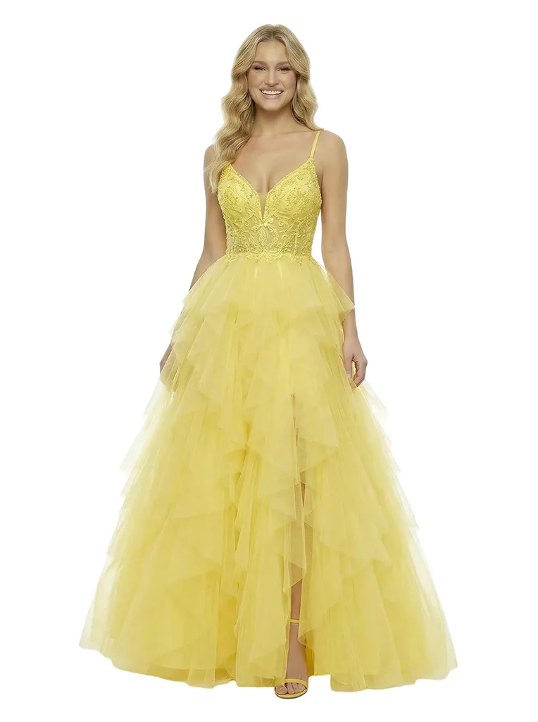 ChicSew Pretty Spaghetti Strap V-Neck Prom Dress Lace Applique Tiered Tulle Ball Gown Silhouette Floor Length Formal Evening Gown sold by ChicSew