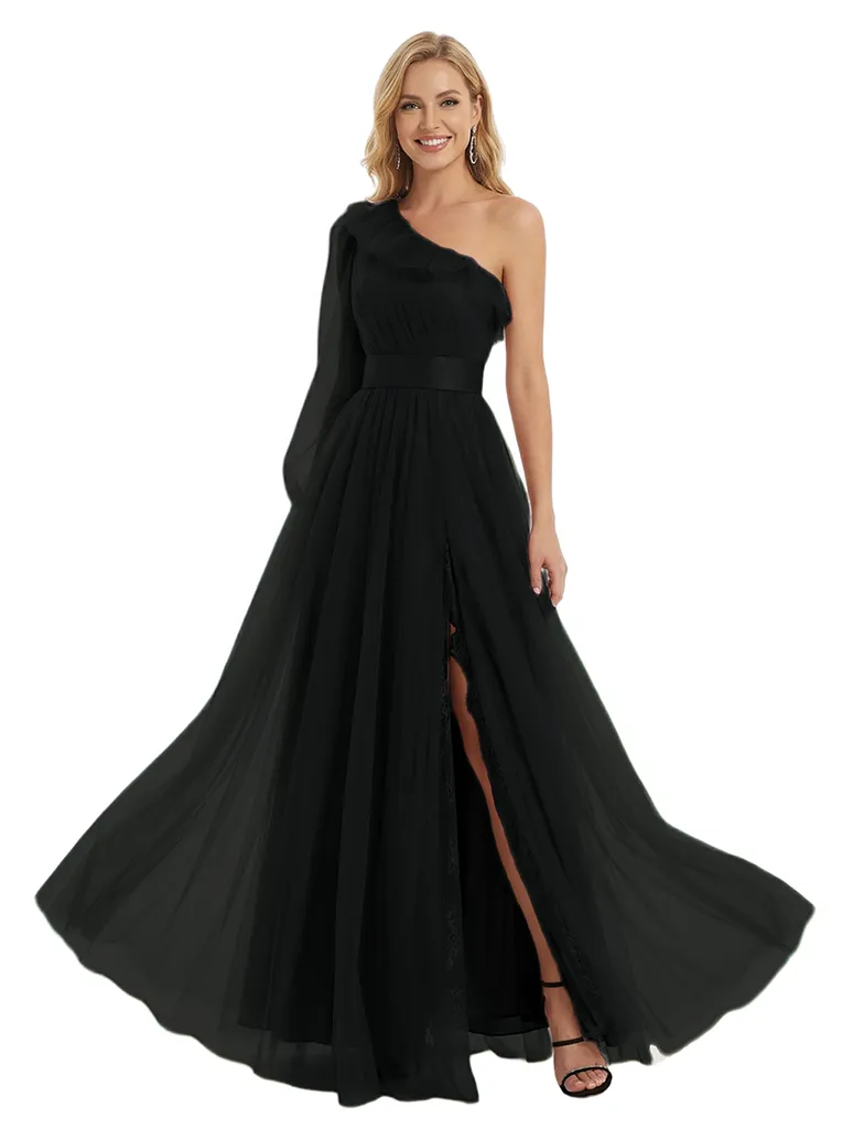 ChicSew Elegant One Shoulder Prom Gown Ruffled Tulle Satin Belt A-Line Floor Length Formal Evening Dresses sold by ChicSew product image thumbnail 4