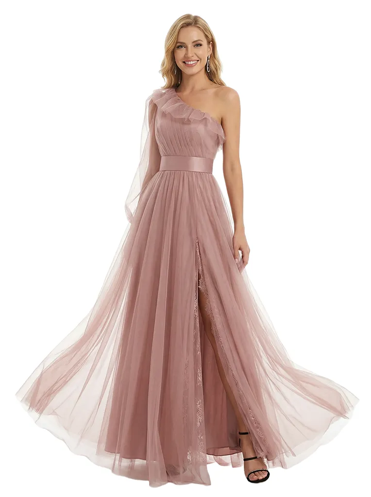 ChicSew Elegant One Shoulder Prom Gown Ruffled Tulle Satin Belt A-Line Floor Length Formal Evening Dresses sold by ChicSew