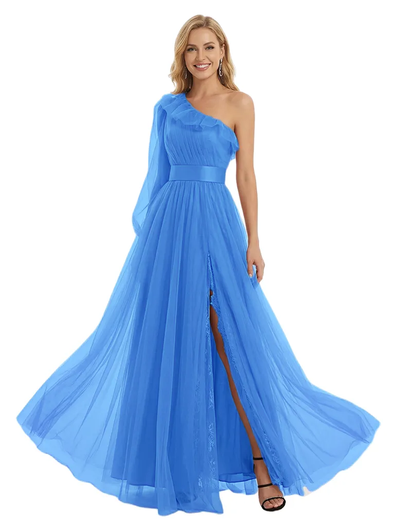 ChicSew Elegant One Shoulder Prom Gown Ruffled Tulle Satin Belt A-Line Floor Length Formal Evening Dresses sold by ChicSew product image thumbnail 5