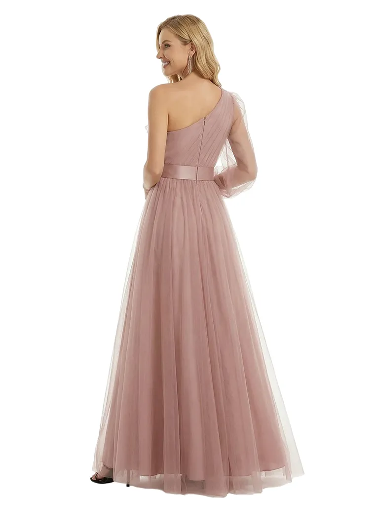 ChicSew Elegant One Shoulder Prom Gown Ruffled Tulle Satin Belt A-Line Floor Length Formal Evening Dresses sold by ChicSew product image thumbnail 3