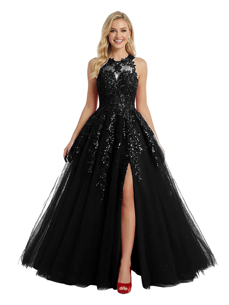 ChicSew Pretty Halter Prom Gown Lace Tulle Fabric A-Line Floor Length Evening Gown sold by ChicSew product image thumbnail 4