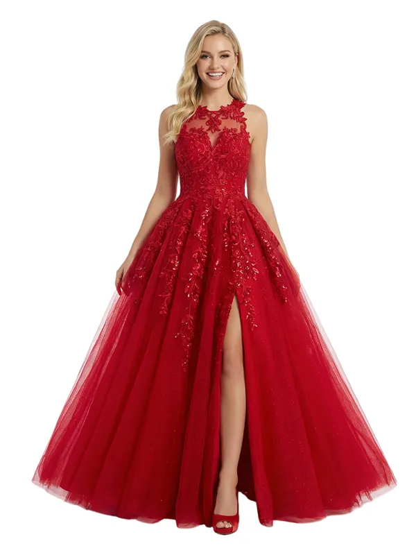 ChicSew Pretty Halter Prom Gown Lace Tulle Fabric A-Line Floor Length Evening Gown sold by ChicSew