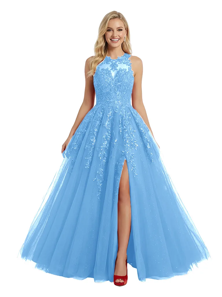 ChicSew Pretty Halter Prom Gown Lace Tulle Fabric A-Line Floor Length Evening Gown sold by ChicSew product image thumbnail 5