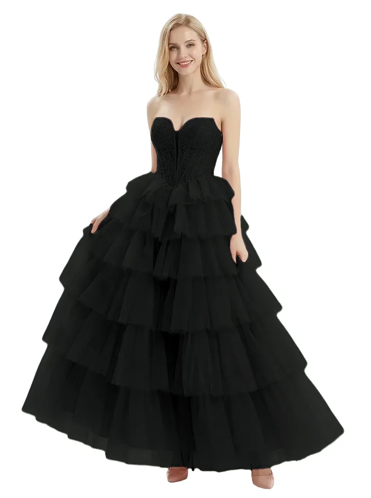 ChicSew Unique Lace Applique Tiered Ruffle A-Line Tulle Sweetheart Formal Evening Gown sold by ChicSew product image thumbnail 4