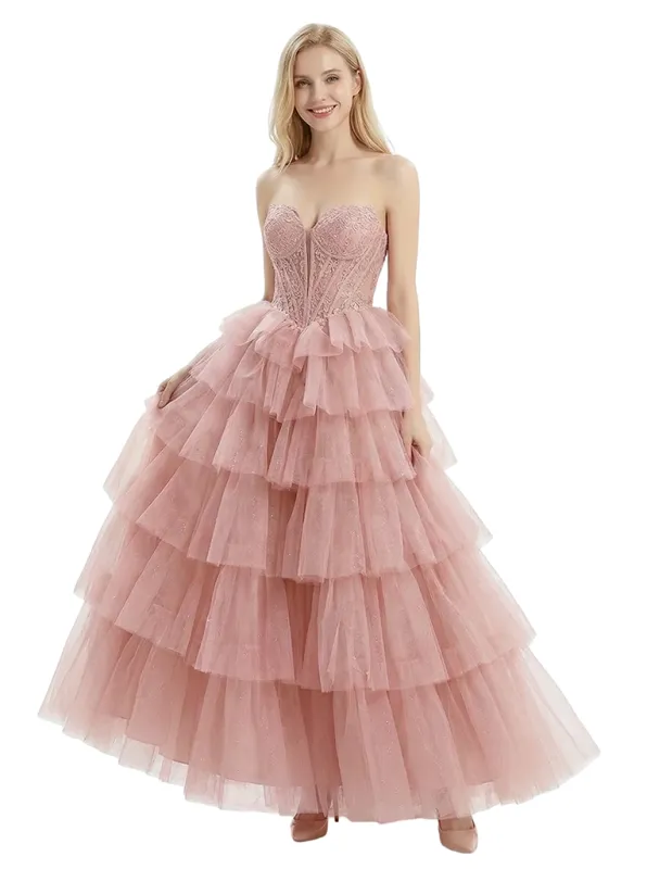 ChicSew Unique Lace Applique Tiered Ruffle A-Line Tulle Sweetheart Formal Evening Gown sold by ChicSew